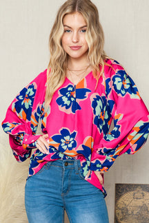 Rose Floral Print V Neck Puff Sleeve Blouse-True and Wild