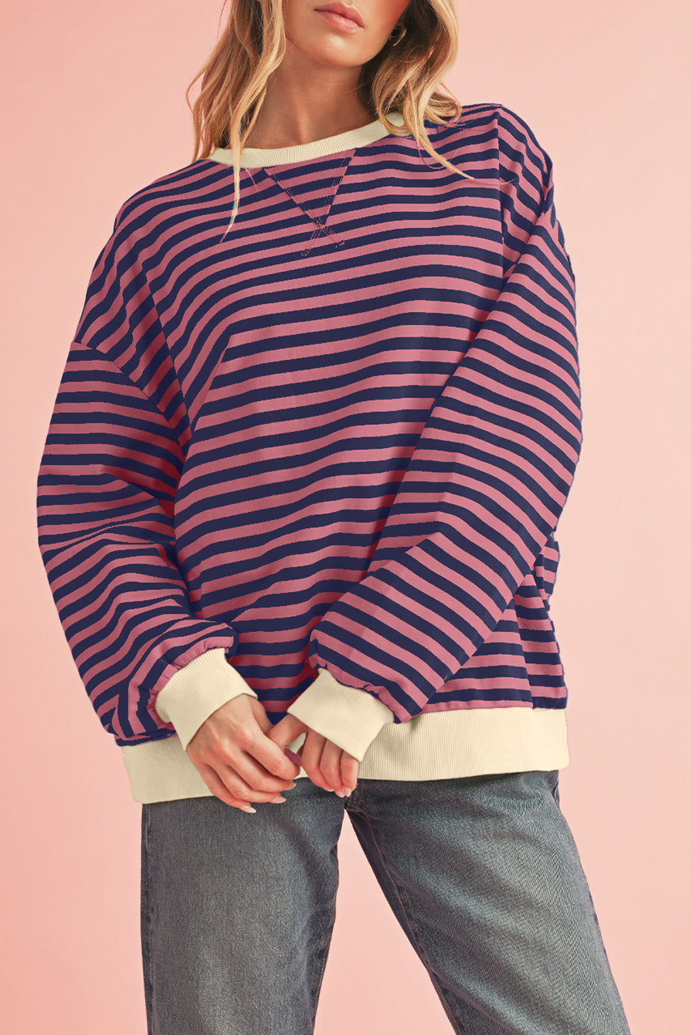 Black Stripe Contrast Edge Cross Seam Oversized Sweatshirt-True and Wild