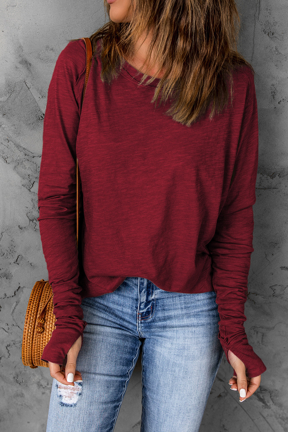 Green Plain Solid Casual Thumbhole Long Sleeve Top-True and Wild