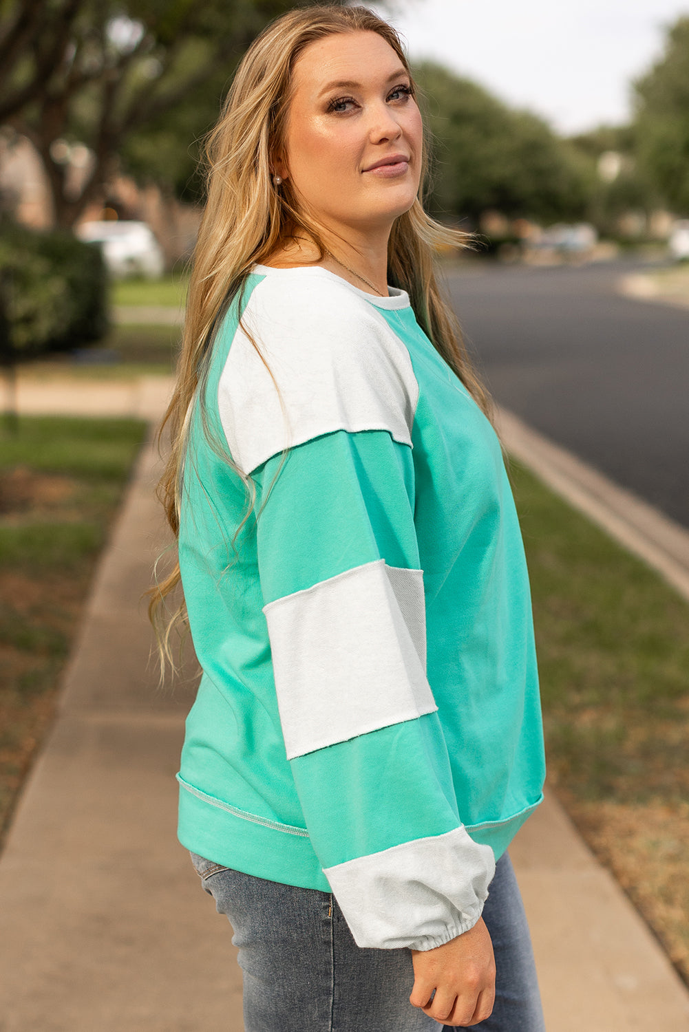 Aruba Blue Colorblock Patchwork Plus Sweatshirt-True and Wild