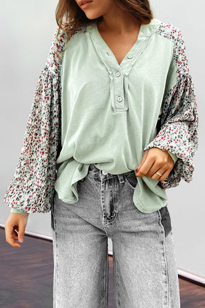 Long Sleeve Tops - Meadow Mist Green Floral Print Bubble Sleeve Henley Loose Top