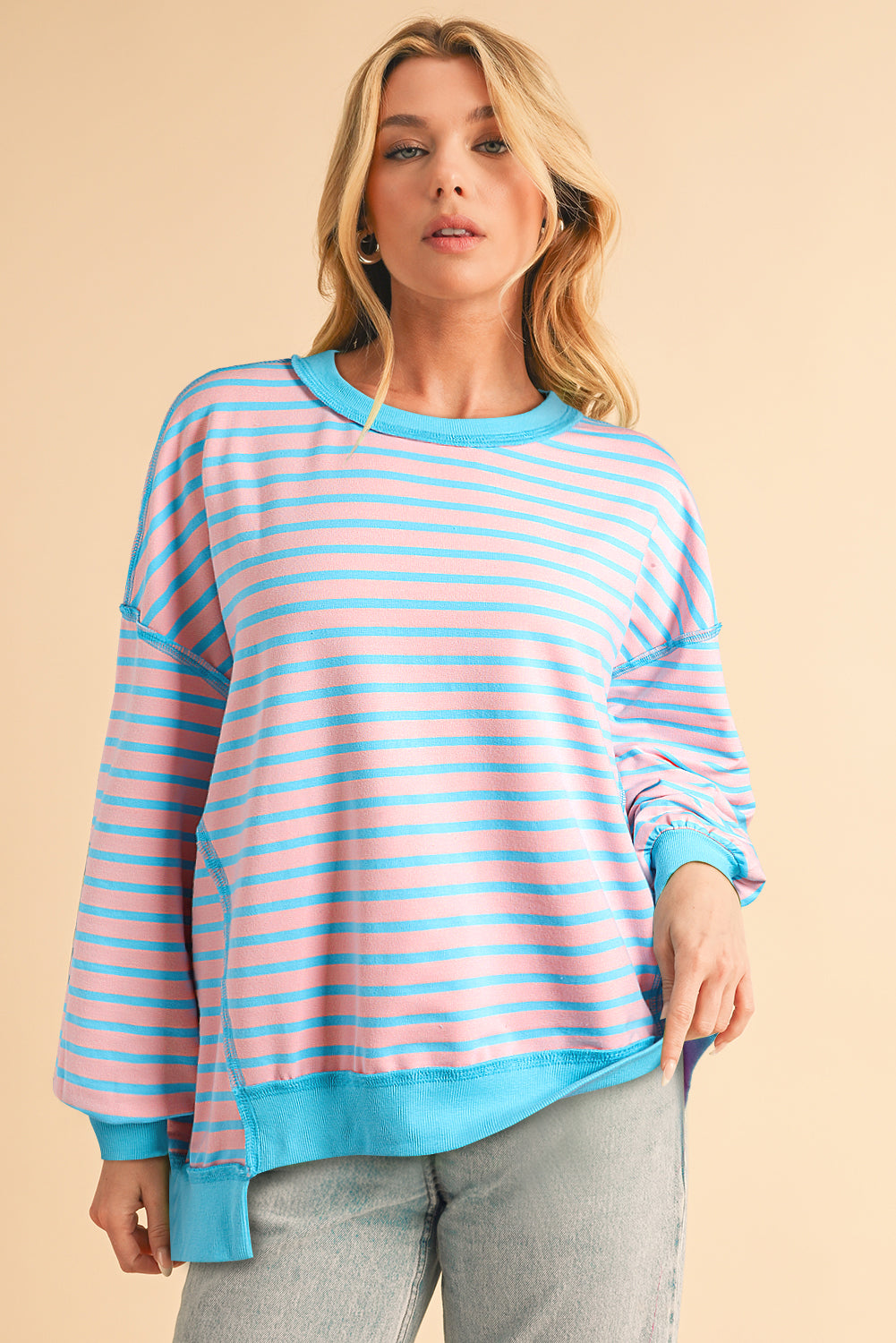 Pink Stripe Contrast Trim High Low Tunic Sweatshirt-True and Wild