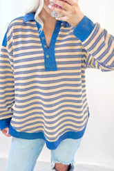 Blue Stripe Collared V Neck Drop Shoulder Top-True and Wild