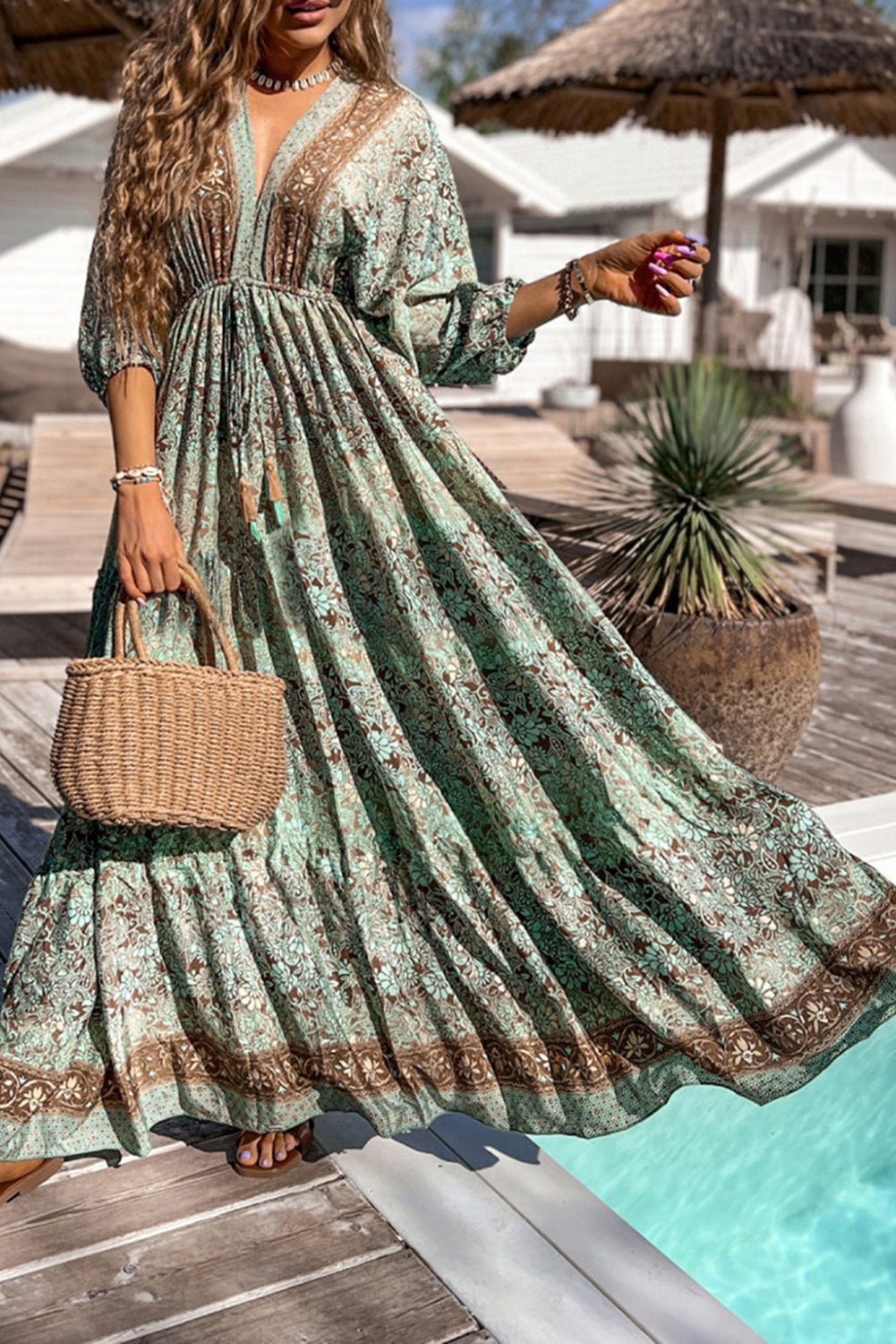 Green Boho Floral Print Backless Drawstring High Waist Maxi Dress-True and Wild