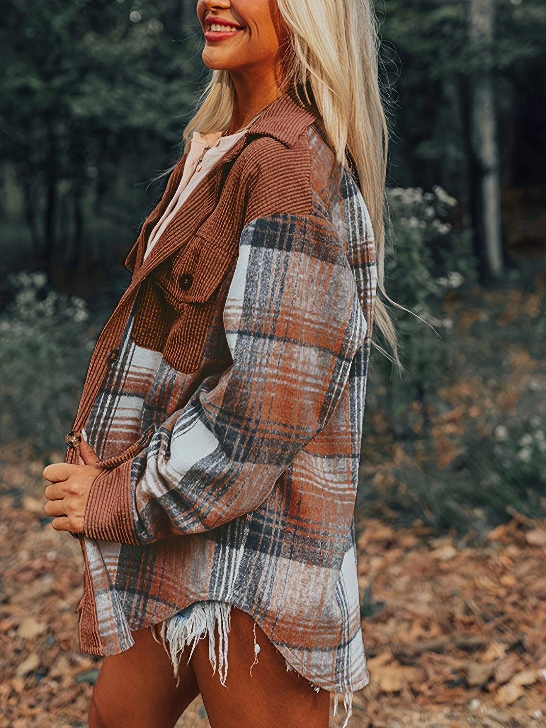 Plaid Collared Neck Button Up Shacket-True and Wild