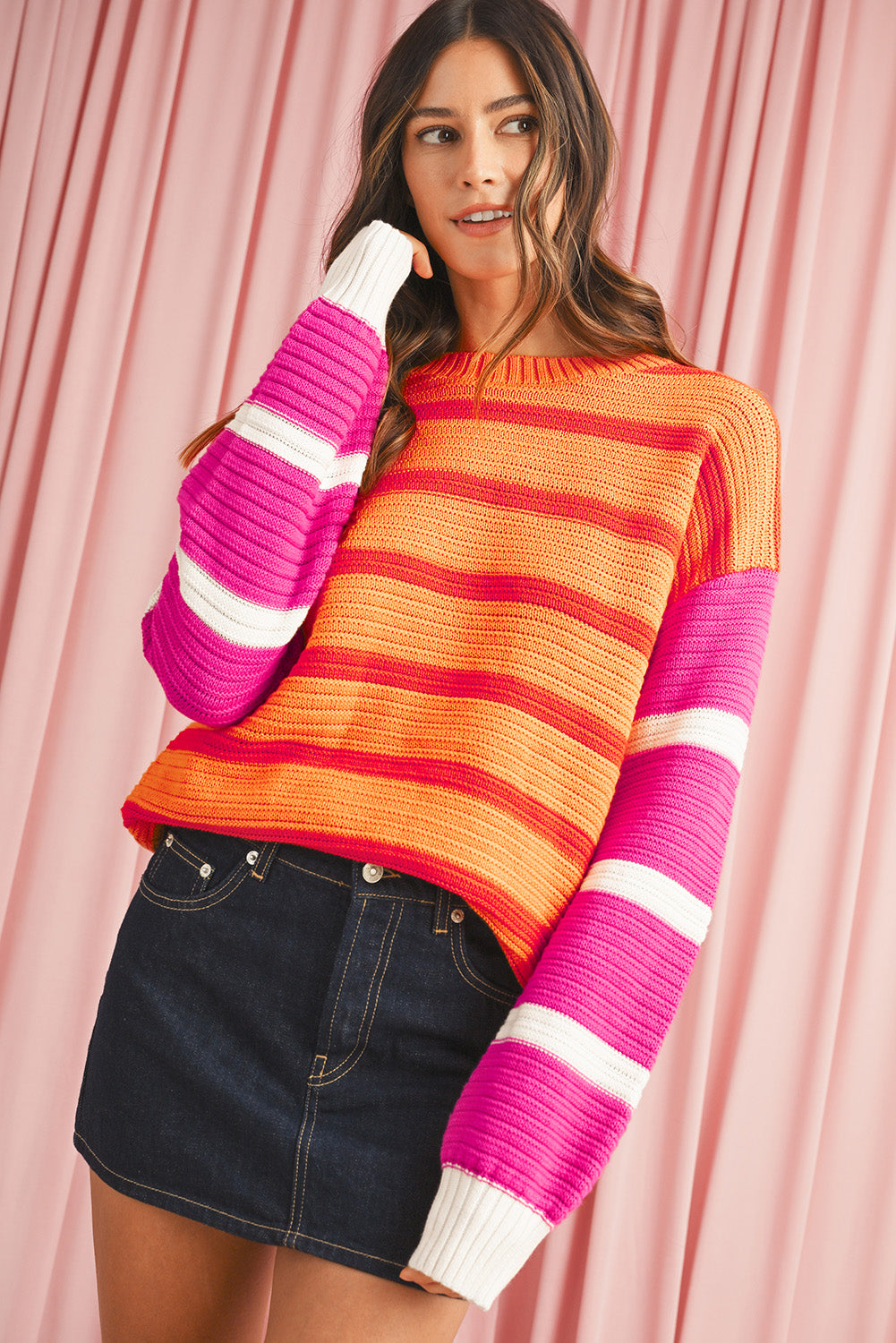 Orange Striped Colorblock Puff Sleeve Sweater-True and Wild