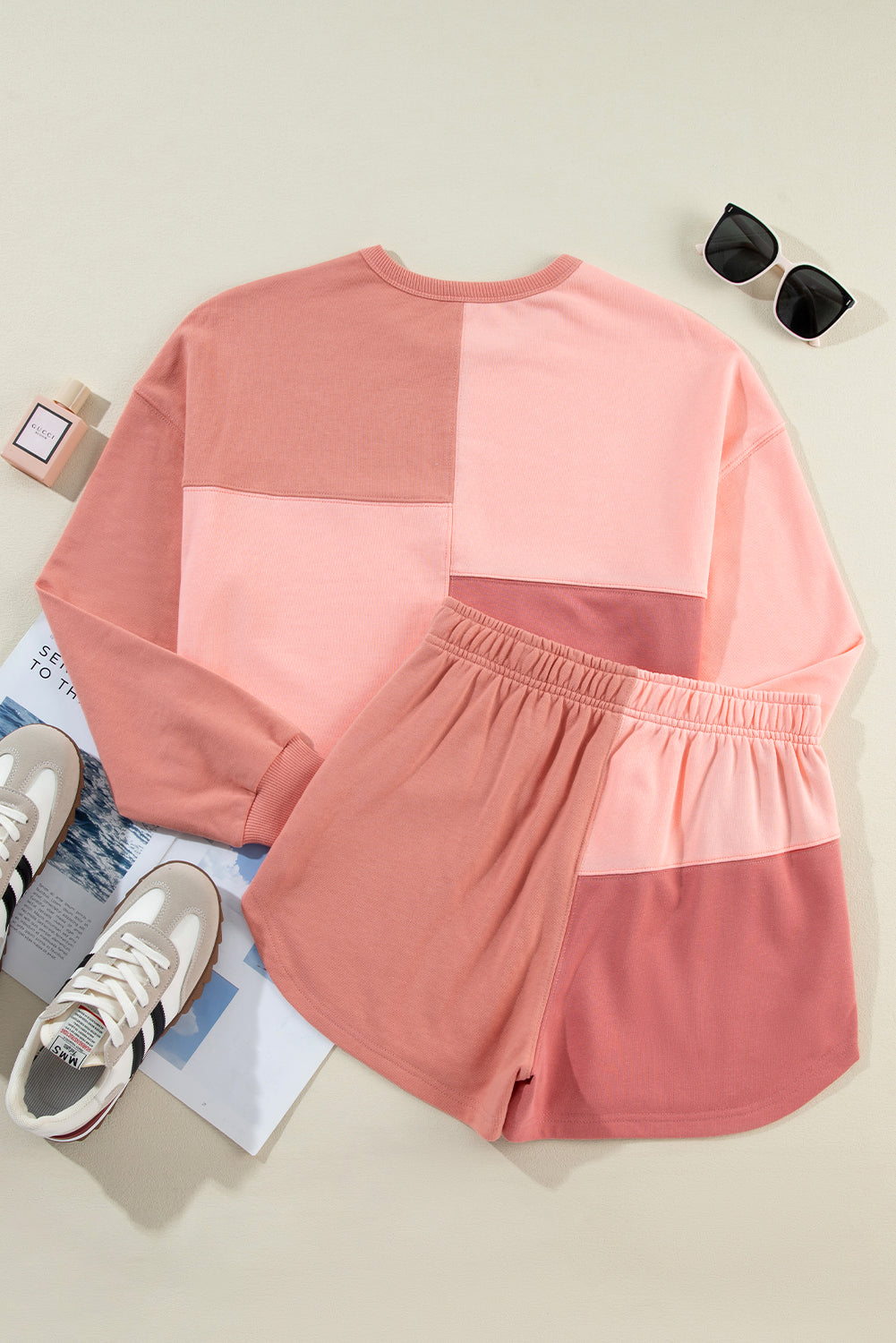 Peach Blossom Colorblock Long Sleeve Top & Pocketed Shorts Set-True and Wild