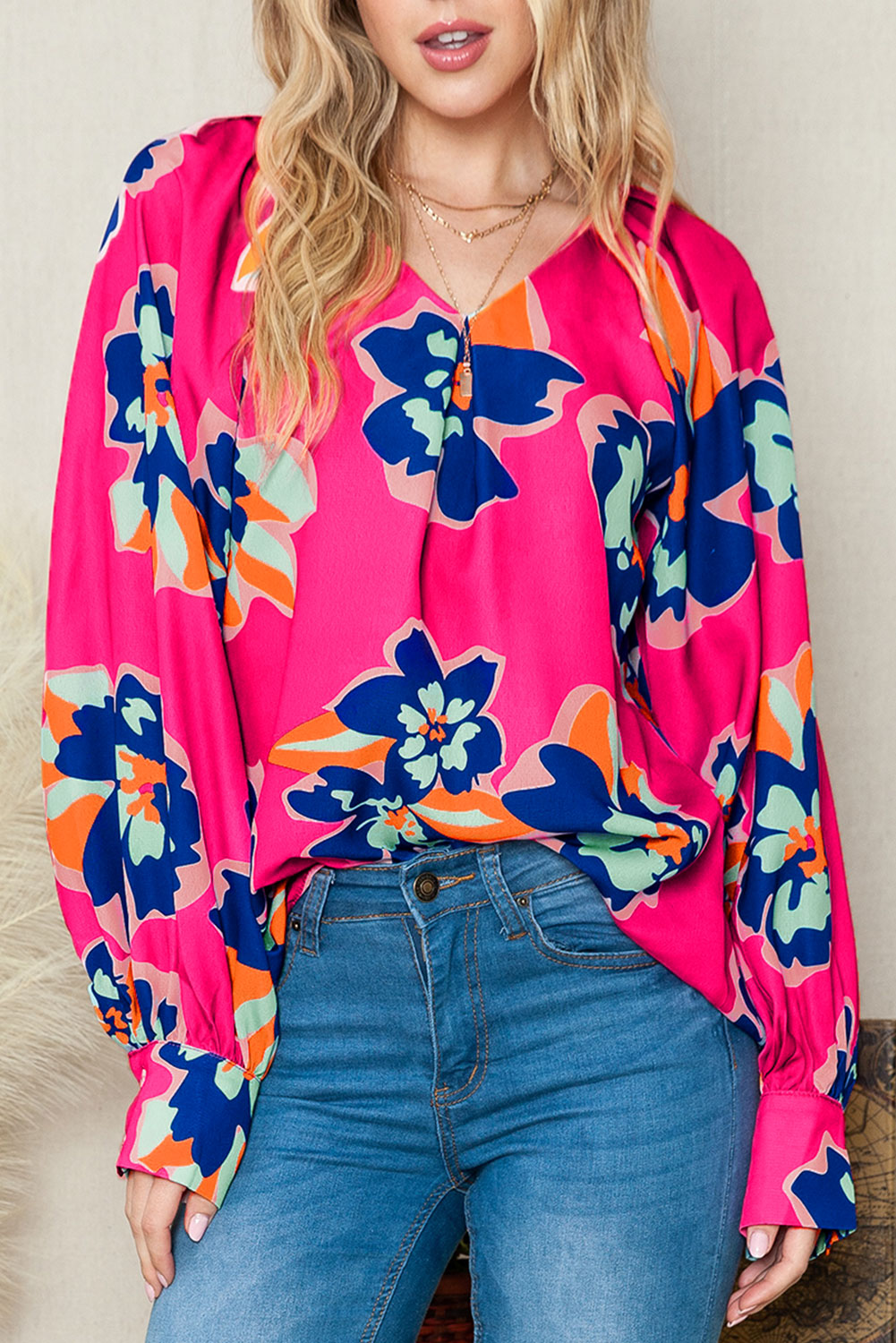 Blouses - Rose Floral Print V Neck Puff Sleeve Blouse