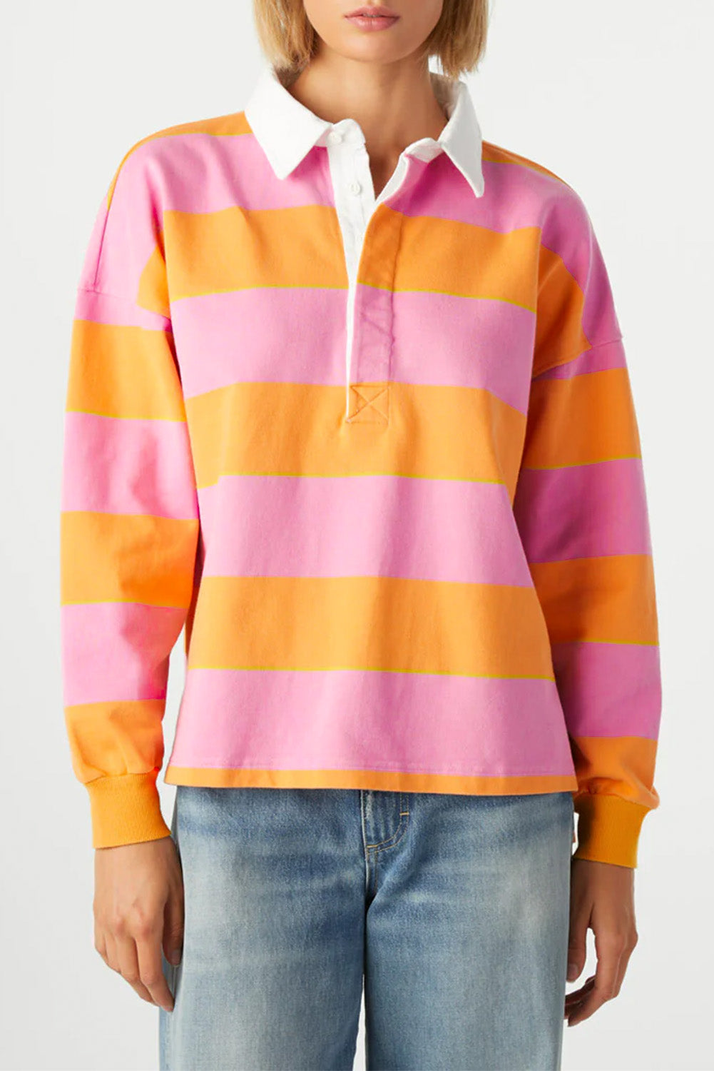 Contrast Striped Collared Neck Long Sleeve Sweatshirt-True and Wild