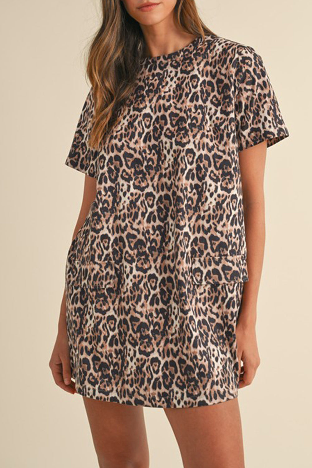 Brown Leopard Print Short Sleeve Pocket Mini Dress