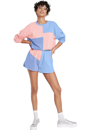 Peach Blossom Colorblock Long Sleeve Top & Pocketed Shorts Set-True and Wild