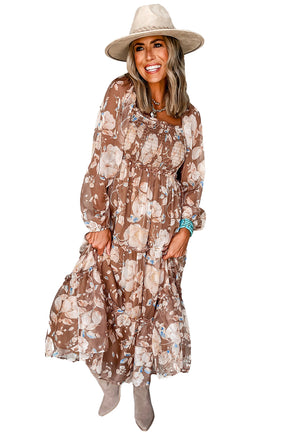 Brown Floral Print Shirred Square Neck High Waist Maxi Dress-True and Wild