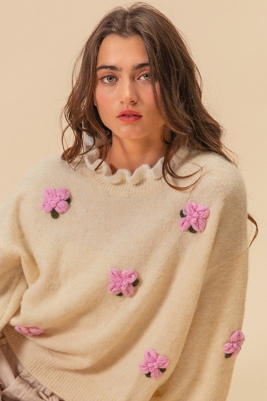 BiBi Ruffled Crochet Flower Dropped Shoulder Sweater-True and Wild