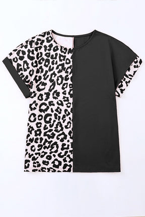 Black Leopard Print Color Block Rolled Up Sleeve Casual T Shirt-True and Wild