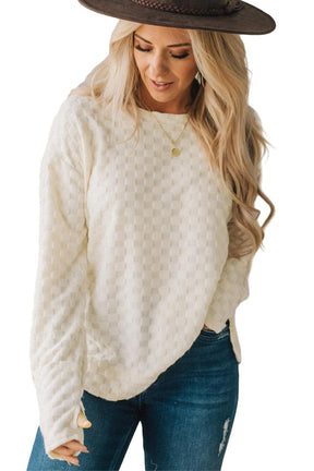 Long Sleeve Tops - Beige Checkered Furry Thumbhole Long Sleeve Top