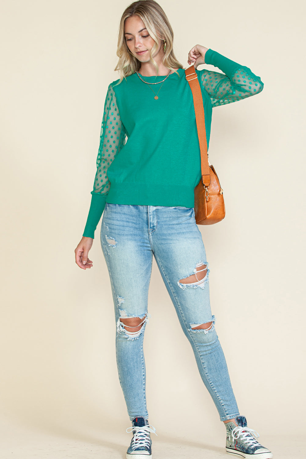 Green Dotted Mesh Puff Sleeve Top-True and Wild