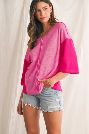 Sachet Pink V-Neck Exposed Seam Patchwork Top