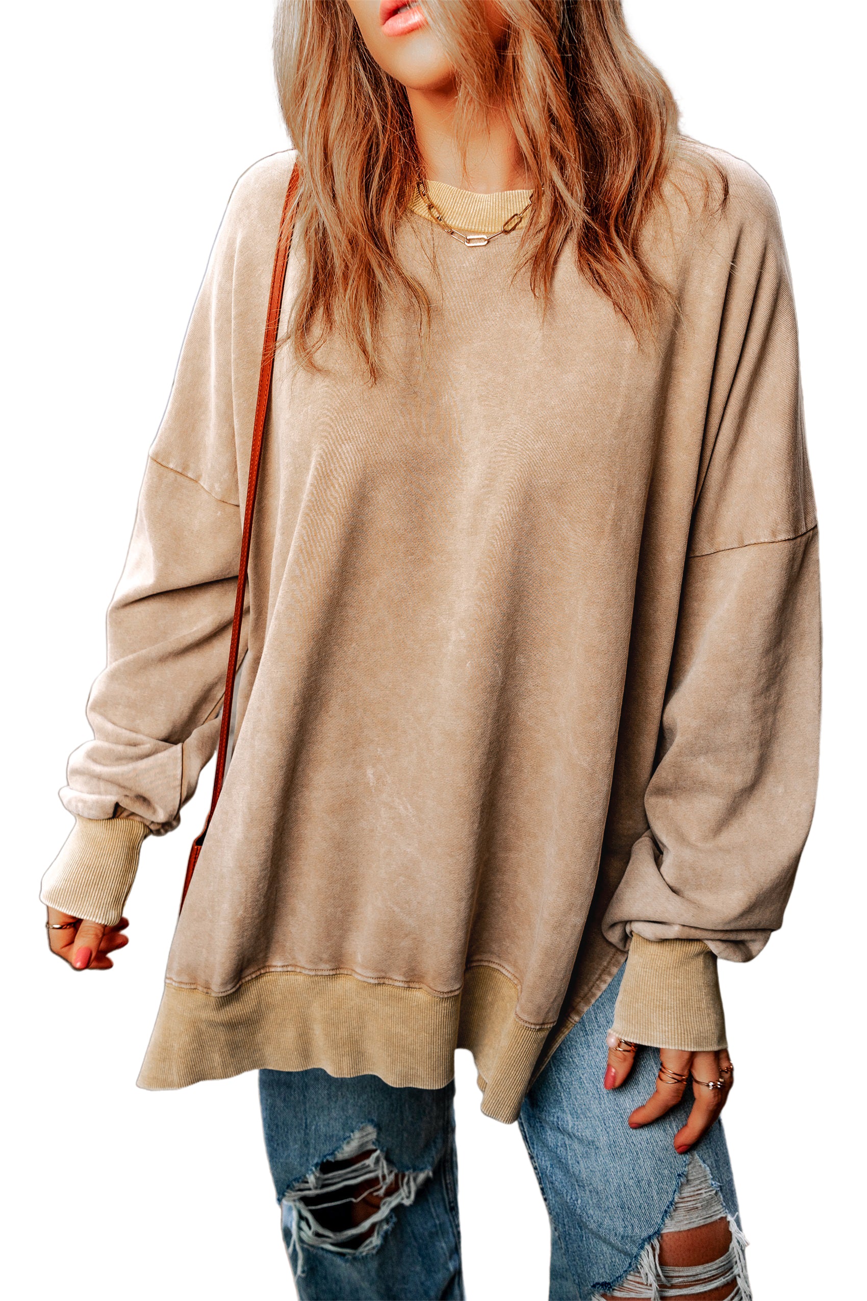 Pink Plain Drop Shoulder Ribbed Trim Oversized Sweatshirt-True and Wild