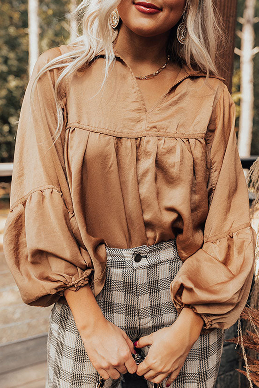 Brown Solid Color Lantern Sleeve Collared Boho Top-True and Wild