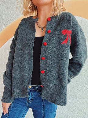 Bow Round Neck Button Up Long Sleeve Cardigan-True and Wild