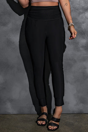 Black Pleated Casual Pocket High Waisted Leggings-True and Wild