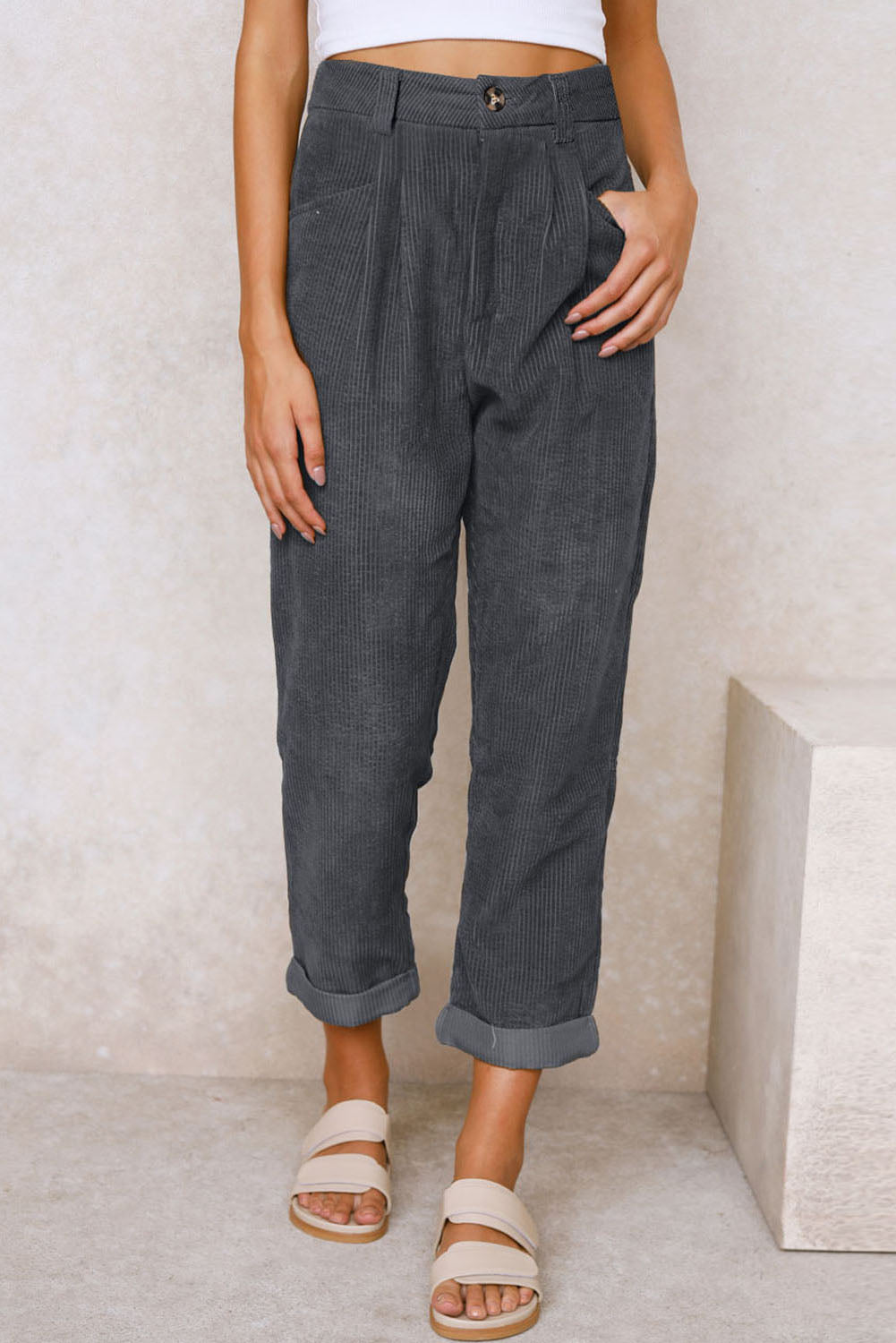 Grey Corduroy High Waisted Wide Leg Pants-True and Wild