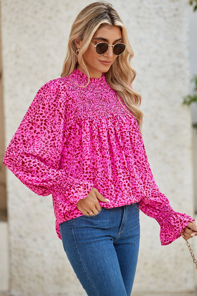 Rose Leopard Shirred Puff Sleeve Flowy Blouse-True and Wild