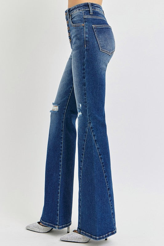 RISEN Distressed Button-Fly Flare Jeans-True and Wild