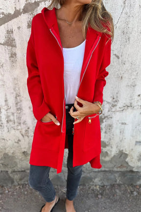 Fiery Red Solid Color Casual Zipper Hooded Jacket-True and Wild