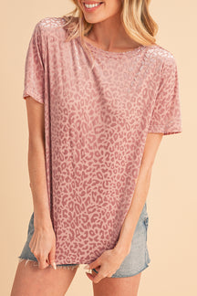 Pink Leopard Print Contrast Neckline Short Sleeve Blouse-True and Wild