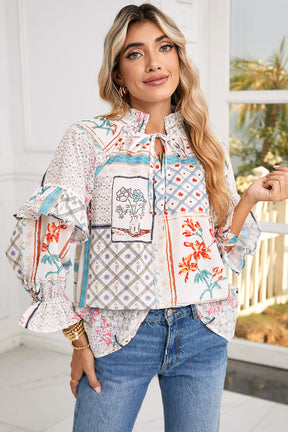 Multicolour Floral Plaid Patchwork Puff Sleeve Blouse-True and Wild