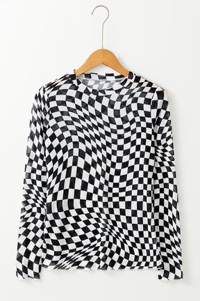 Black Checkered Pattern Mesh Long Sleeve Top-True and Wild