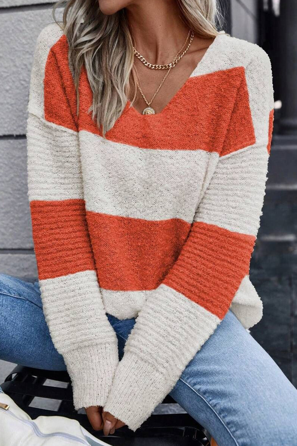 Orange Colorblock V Neck Side Slits Sweater-True and Wild