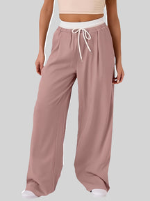 Contrast Waistband Drawstring Wide Leg Pants-True and Wild