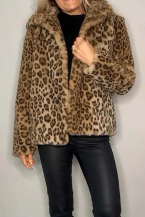 Full Size Leopard Furry Collared Neck Long Sleeve Coat-True and Wild