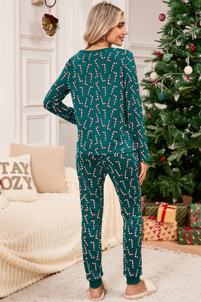 Green Christmas Candy Cane Printed Top and Pants Loungewear Set-True and Wild