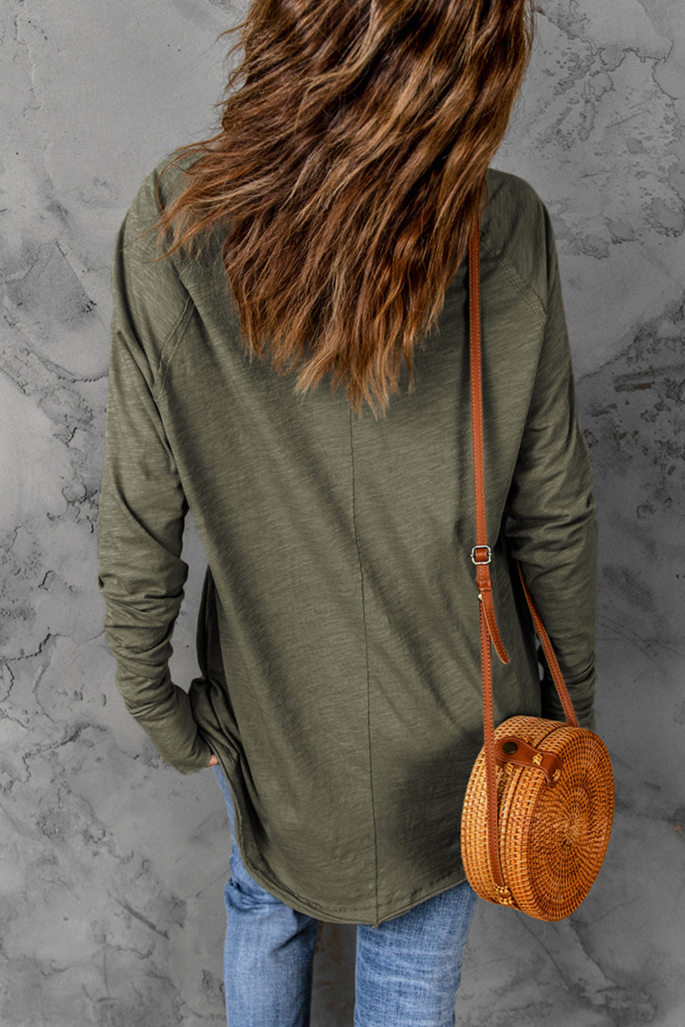 Green Plain Solid Casual Thumbhole Long Sleeve Top-True and Wild