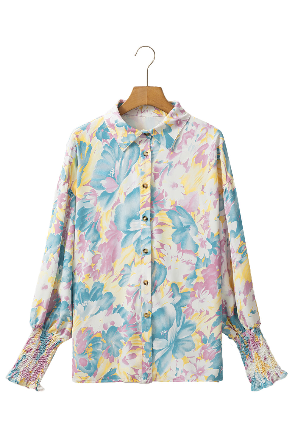 Yellow Floral Allover Print Shirred Cuff Oversized Shirt