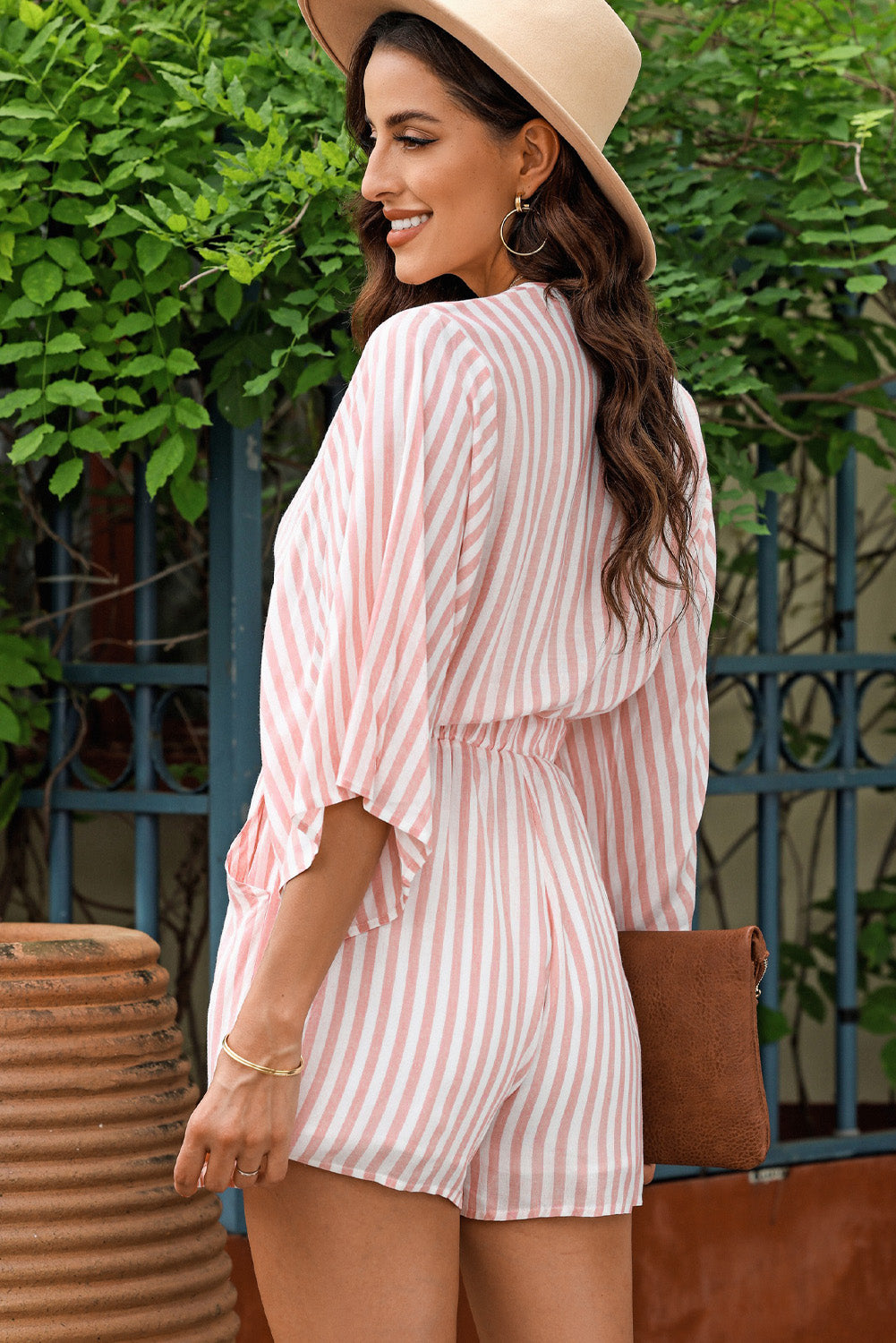 Bow Striped Kimono Sleeve Romper-True and Wild