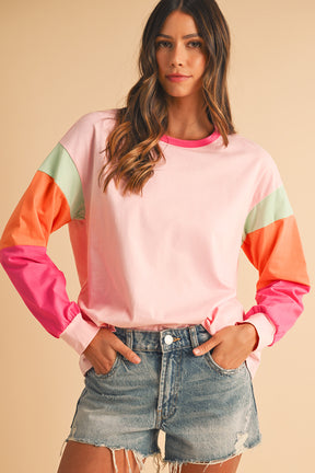 Rose Red Color Block Sleeve Loose Fit Top-True and Wild