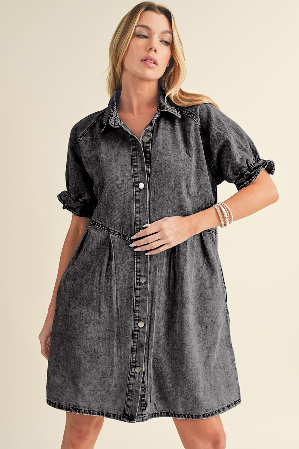 Blue Mineral Washed Ruffled Short Sleeve Pocketed Denim Dress-True and Wild