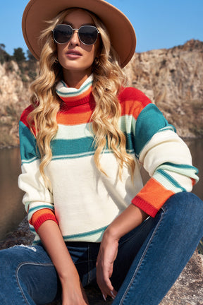 Contrast Striped Turtleneck Dropped Shoulder Sweater-True and Wild