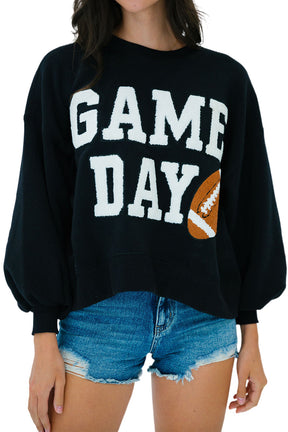 Black GAME DAY Graphic Varsity Pullover Sweatshirt-True and Wild