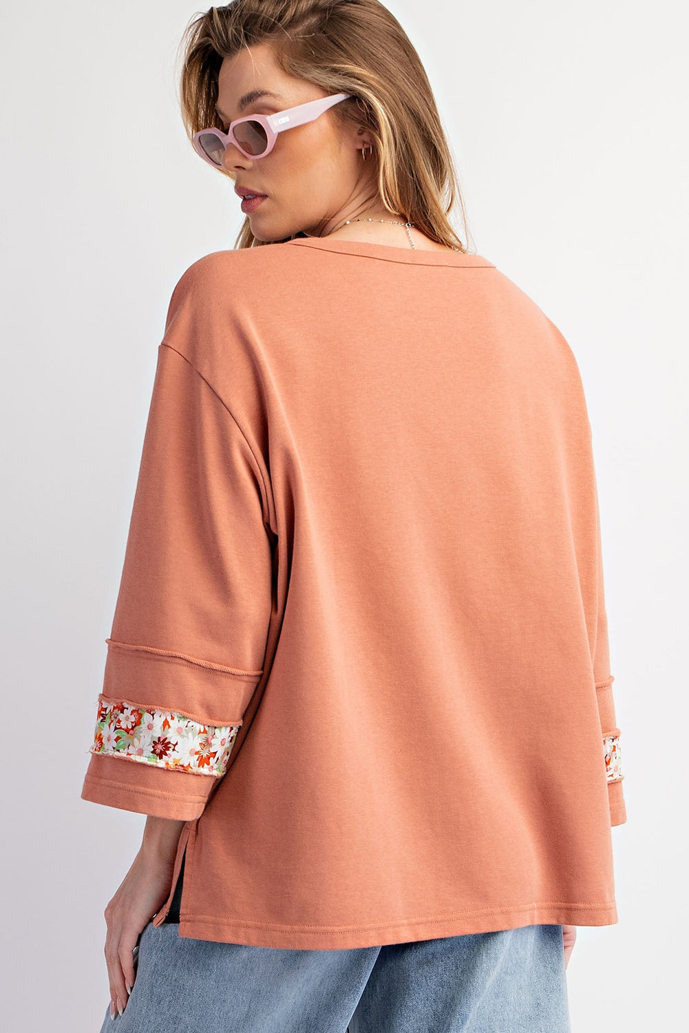 Grapefruit Orange Flower Exposed Seam Patchwork Loose Top-True and Wild