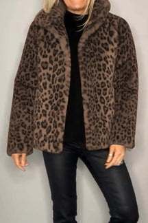 Full Size Leopard Furry Collared Neck Long Sleeve Coat-True and Wild