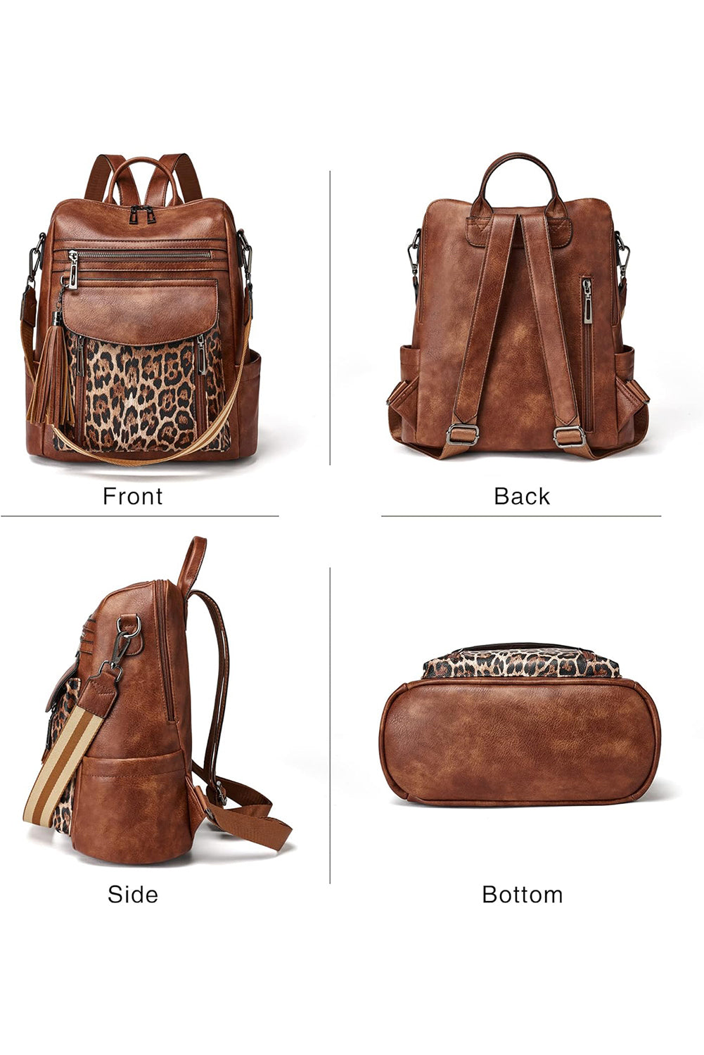 Coffee Leopard Patchwork PU Leather Functional Backpack-True and Wild