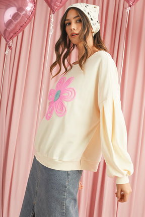 Beige Cute Tinsel Flower Puff Sleeve Sweatshirt-True and Wild