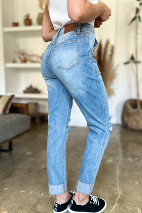 Judy Blue Full Size Distressed Straight Jeans with Patch Pockets-True and Wild