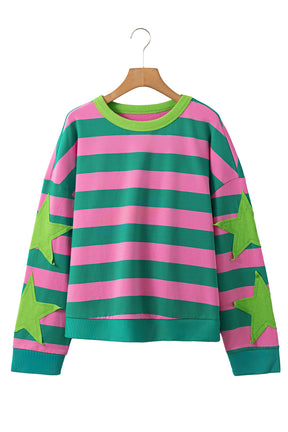 Pink Stripe Star Patchwork Round Neck Pullover Sweatshirt-True and Wild