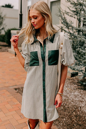 Green Patch Pockets Button Down Short Puff Sleeve Dress-True and Wild